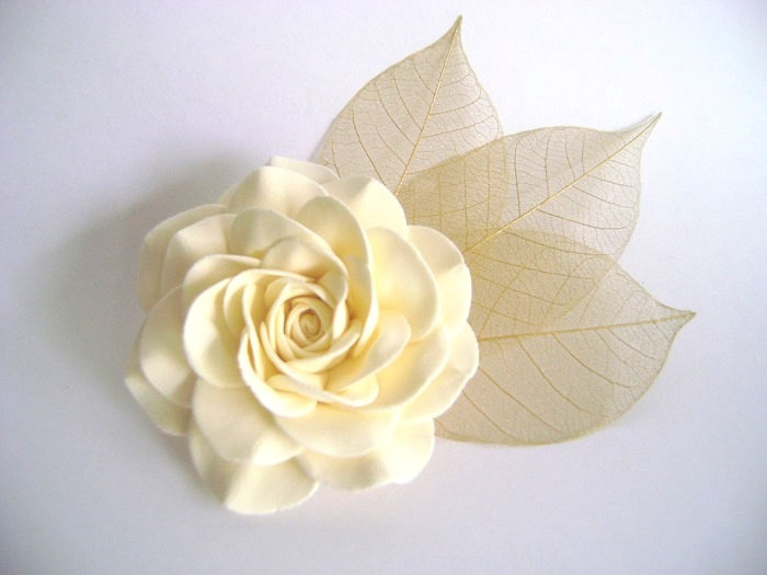 Ivory Rose and Skeleton Leaves Bridal Hair Clip.Wedding Hair Fascinator