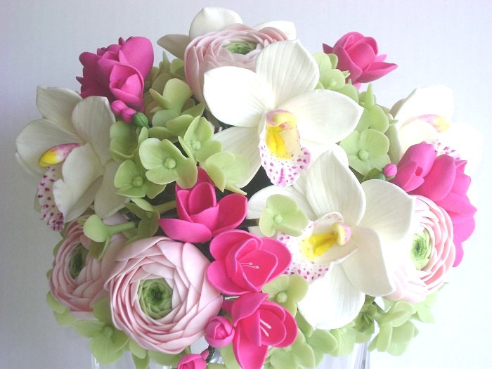 Wedding Bouquet. Hot Pink Fresia, Cymbidium Orchid, Ranunculus and Hydrangea Bridal Bouquet